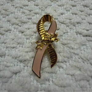 Vintage Avon Pink Ribbon Rose Pin Textured Gold Toned Breast Cancer Awareness